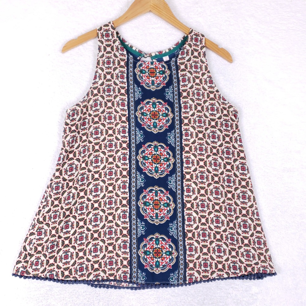 Xhilaration Boho Tank Top Medium Mandala Geometric Medallion Blue Pom Pom Fringe